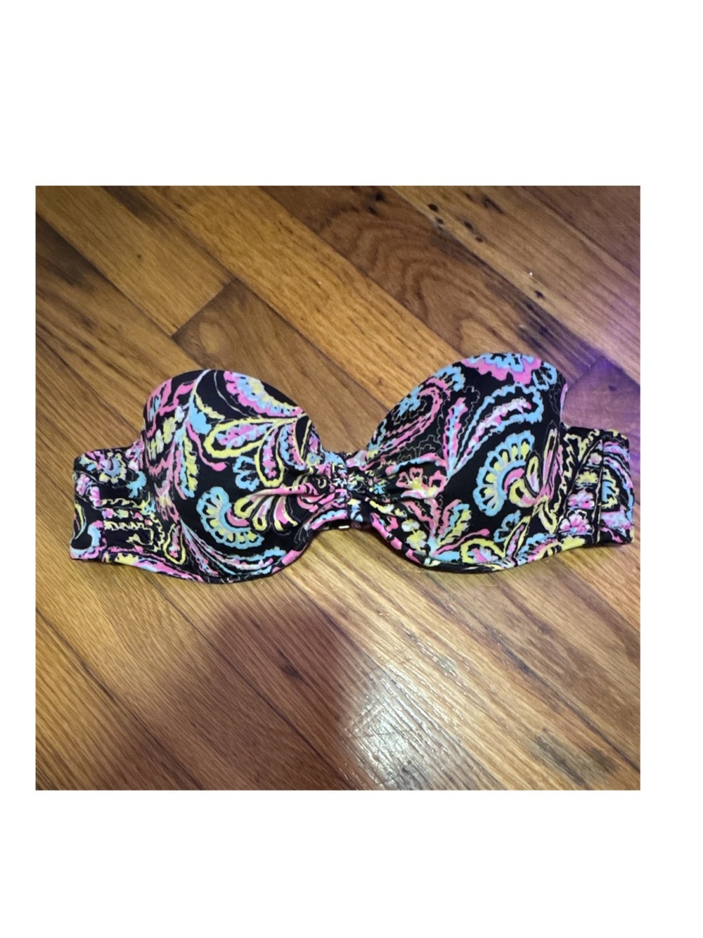Victoria's Secret Black Strapless Bikini Top with Pink & Yellow Accents